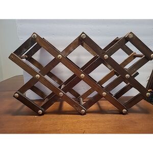 Vintage Wooden Accordion Folding Wine Rack With Decorative Brass Studs
